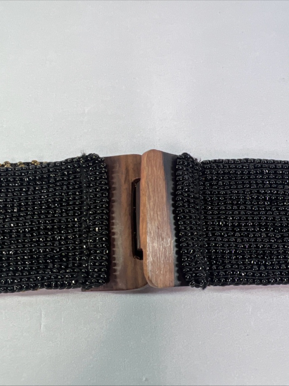 Vintage Boho Beaded Stretch Belt Bronze Brown Wood Buckle Wide Y2K Retro - Picture 9 of 12